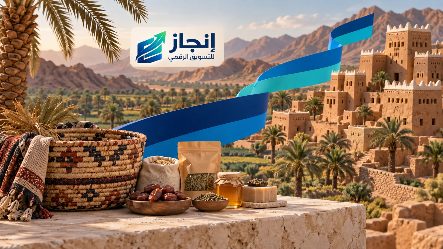منتجات محلية وسلة منسوجة أمام عمارة طينية مستوحاة من نجران