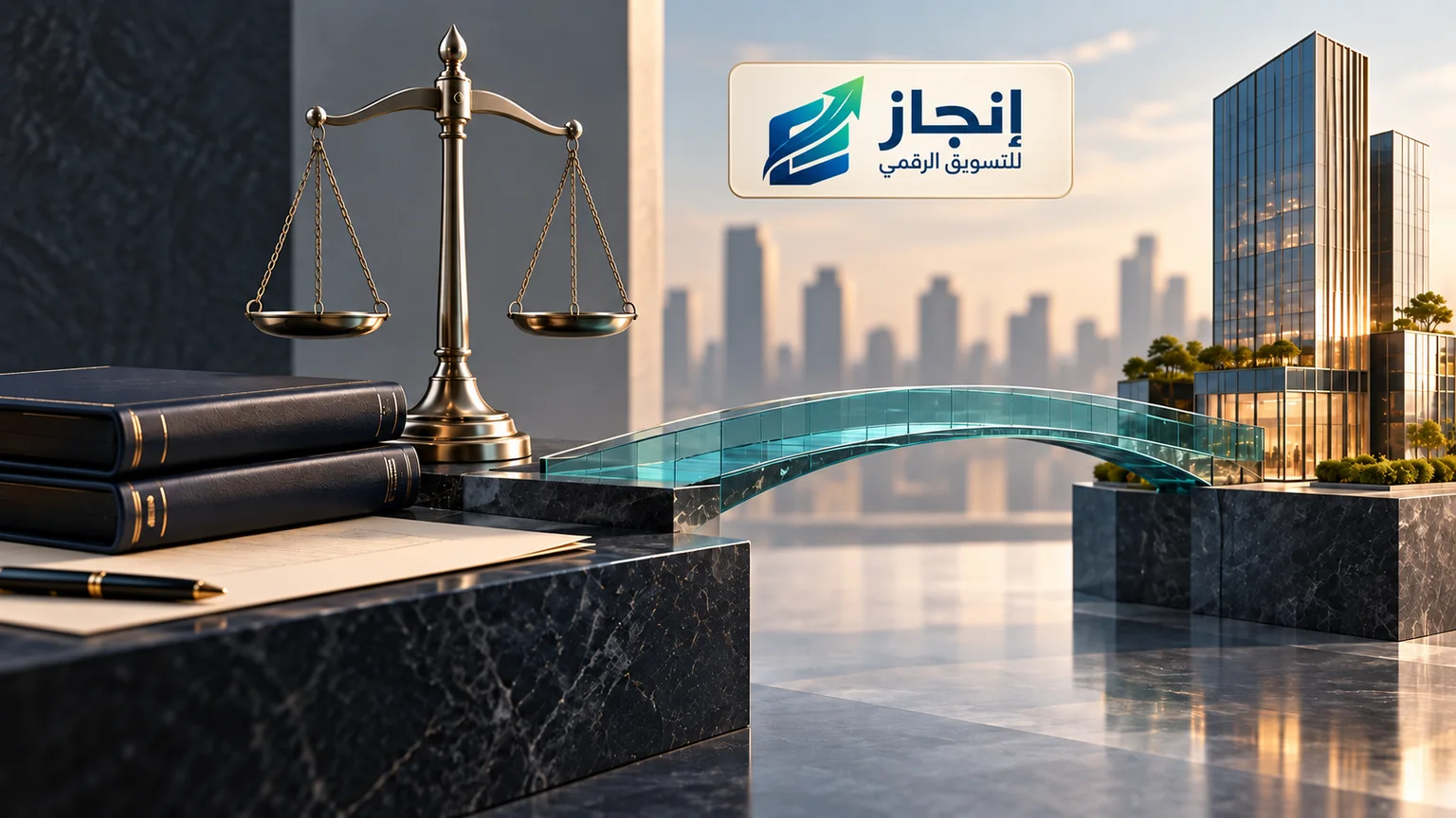 ميزان عدالة وكتب قانونية وجسر يربط الخدمات القانونية بالشركات