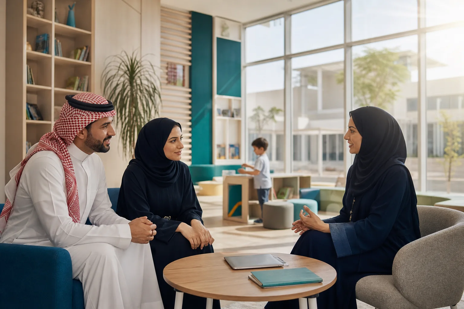 أسرة سعودية في لقاء قبول بمدرسة خاصة مع مستشارة التسجيل